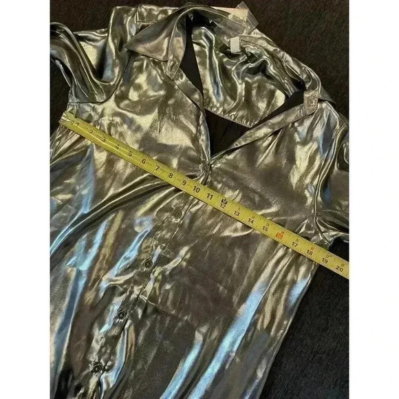 Urban Outfitters Metallic Silver Satin Shirt Mini Dress Button Down Midnight S - Picture 5 of 11